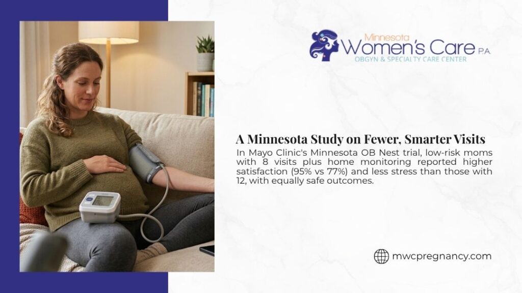 Pregnant woman on couch using home blood pressure monitor, with headline "A Minnesota Study on Fewer, Smarter Visits" by Minnesota Women's Care.