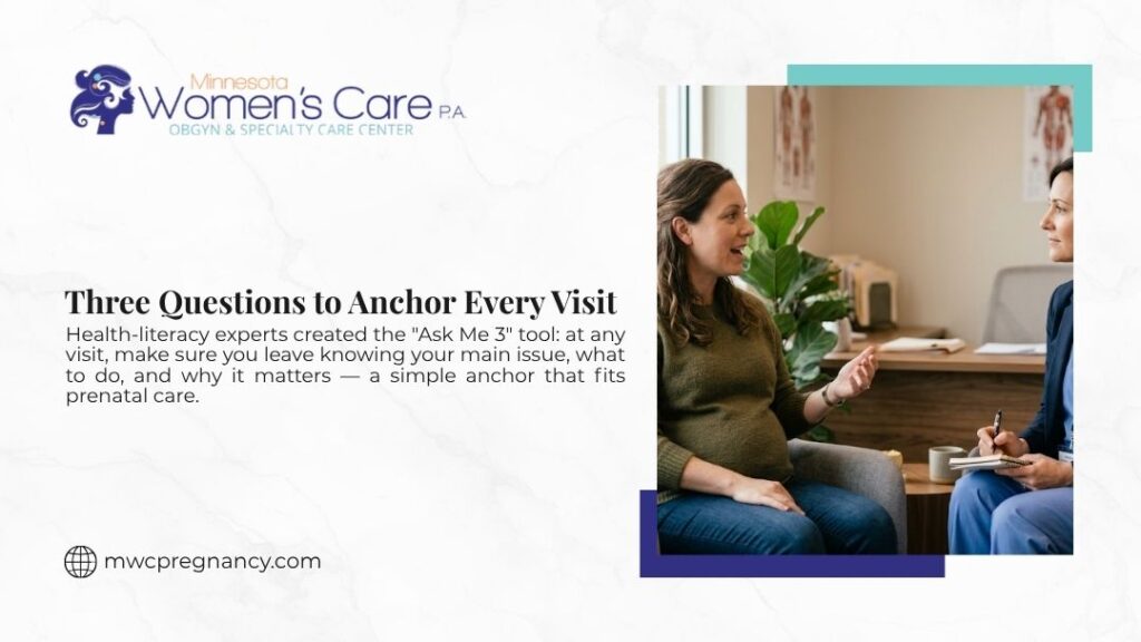 Pregnant woman gesturing while speaking to healthcare provider taking notes, with headline "Three Questions to Anchor Every Visit" by Minnesota Women's Care.