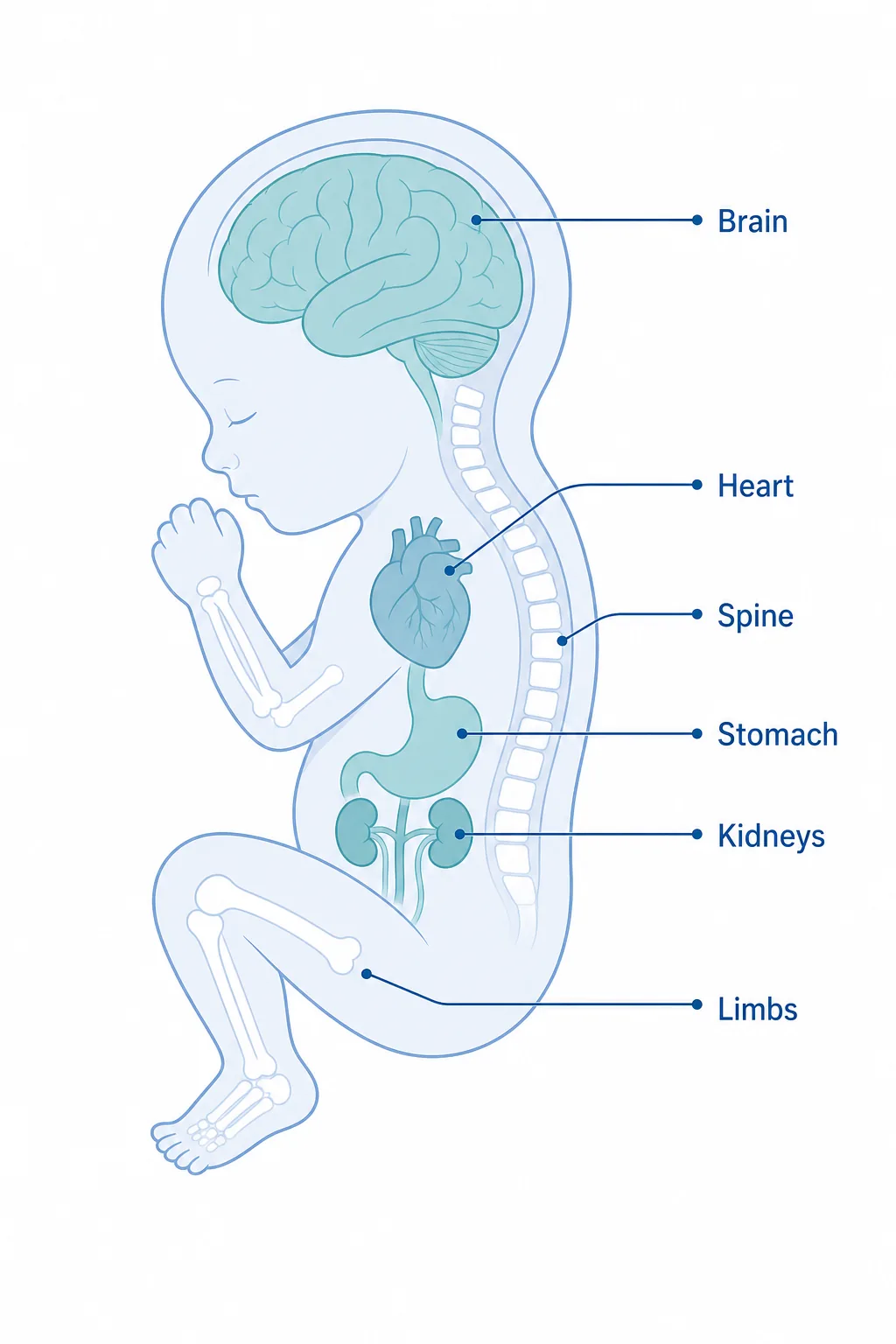 Diagram showing the fetal organs and body structures examined during the 20-week anatomy scan